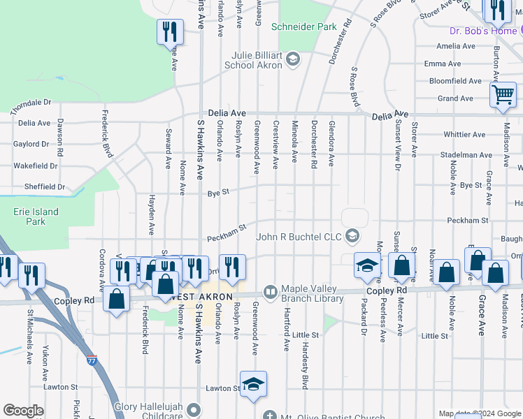 map of restaurants, bars, coffee shops, grocery stores, and more near 701 Greenwood Avenue in Akron