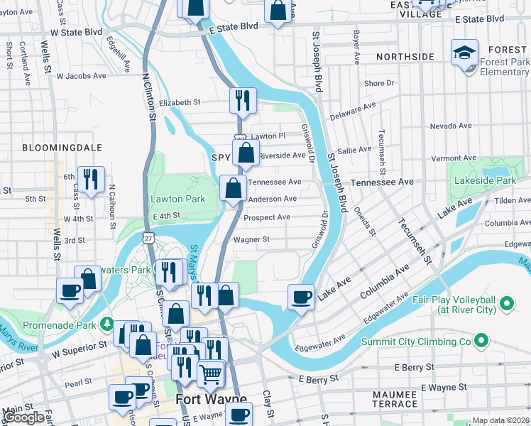 map of restaurants, bars, coffee shops, grocery stores, and more near 611 Prospect Avenue in Fort Wayne