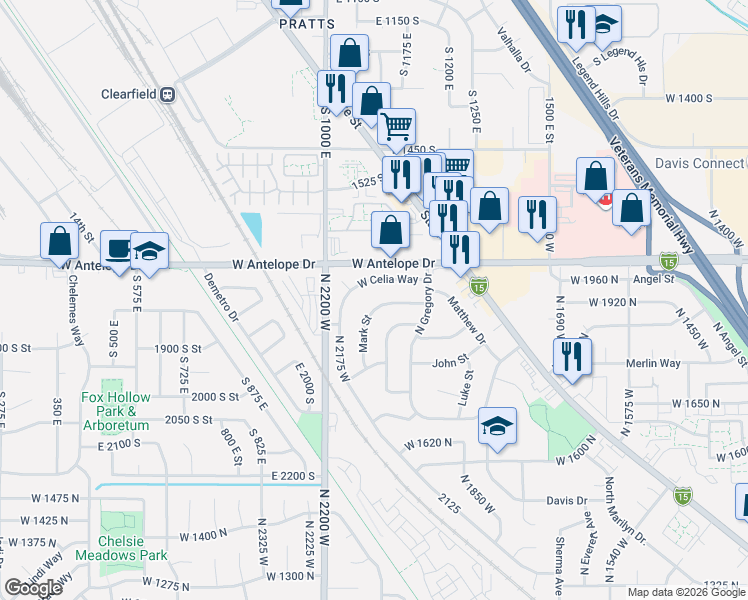 map of restaurants, bars, coffee shops, grocery stores, and more near 2054 W Mark St in Layton