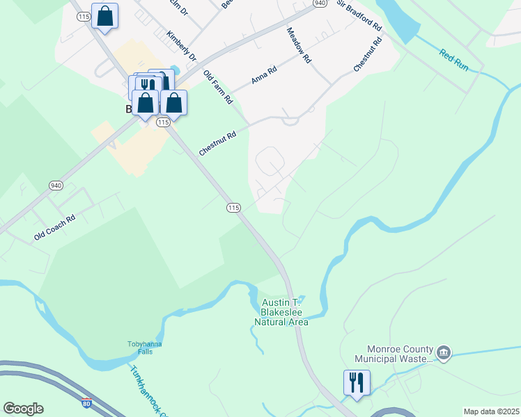 map of restaurants, bars, coffee shops, grocery stores, and more near Ferncrest Road in Blakeslee