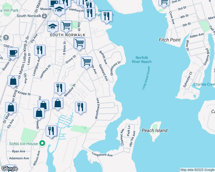map of restaurants, bars, coffee shops, grocery stores, and more near 55 Quintard Avenue in Norwalk