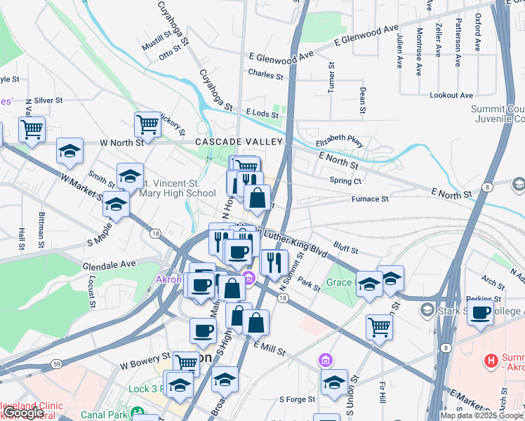 map of restaurants, bars, coffee shops, grocery stores, and more near 56 Furnace Street in Akron