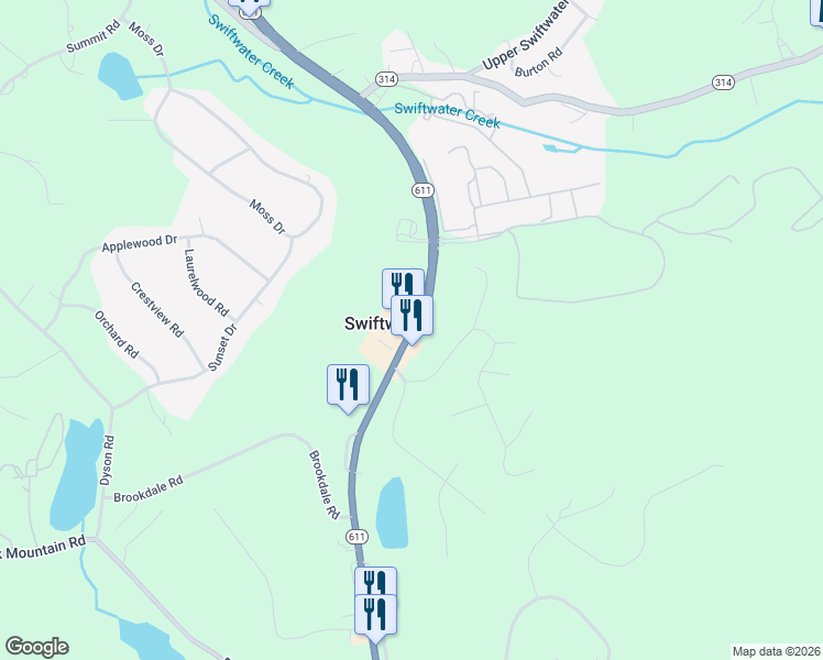 map of restaurants, bars, coffee shops, grocery stores, and more near Pennsylvania 611 in Swiftwater