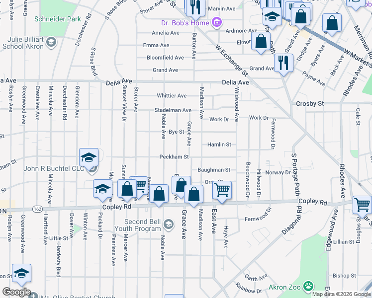 map of restaurants, bars, coffee shops, grocery stores, and more near 352 Grace Avenue in Akron