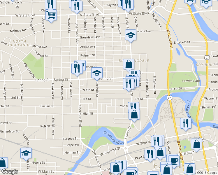 map of restaurants, bars, coffee shops, grocery stores, and more near 612 West 4th Street in Fort Wayne