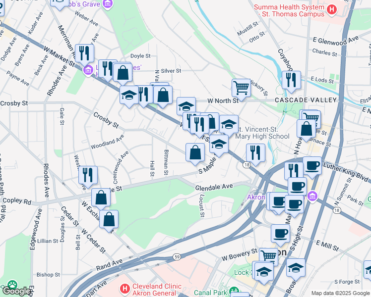 map of restaurants, bars, coffee shops, grocery stores, and more near 249 Crosby Street in Akron