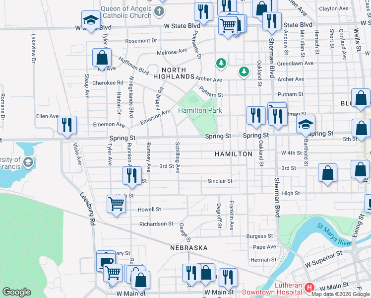 map of restaurants, bars, coffee shops, grocery stores, and more near 1516 West 4th Street in Fort Wayne