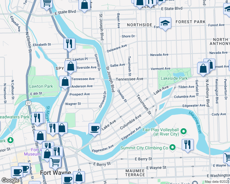 map of restaurants, bars, coffee shops, grocery stores, and more near 1318 Saint Joseph Boulevard in Fort Wayne