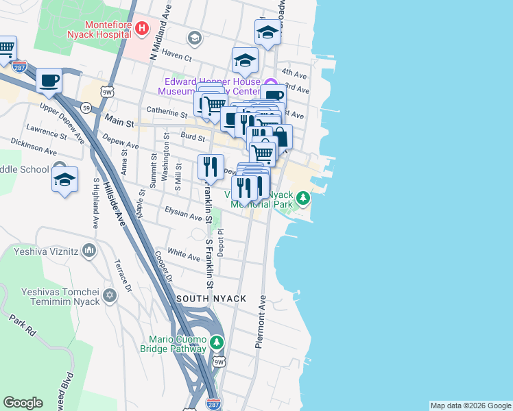 map of restaurants, bars, coffee shops, grocery stores, and more near 19 Hudson Avenue in Nyack