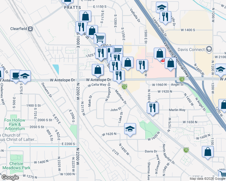 map of restaurants, bars, coffee shops, grocery stores, and more near 1973 Matthew Drive in Layton