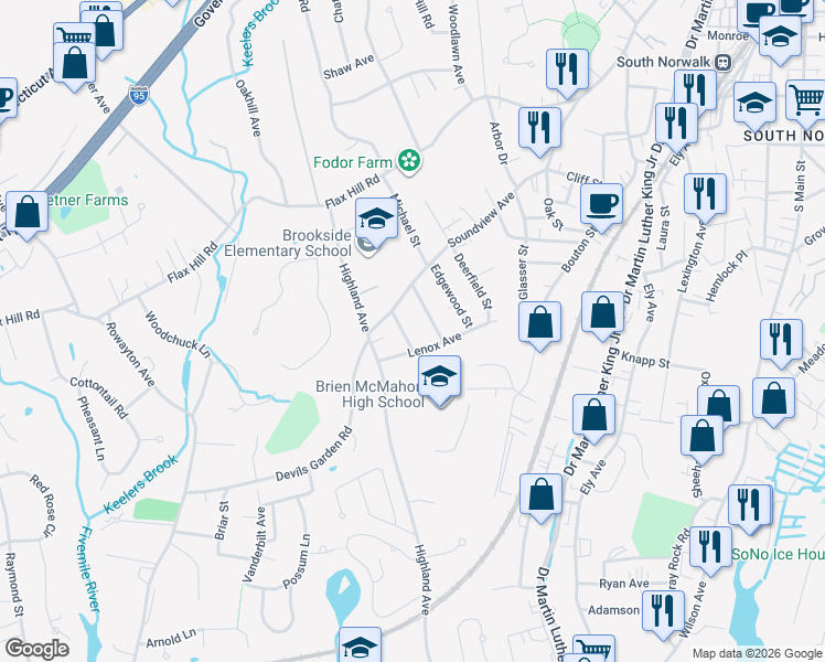 map of restaurants, bars, coffee shops, grocery stores, and more near 7 Fern Street in Norwalk