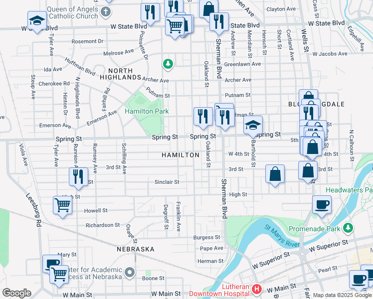 map of restaurants, bars, coffee shops, grocery stores, and more near 1118 West 4th Street in Fort Wayne