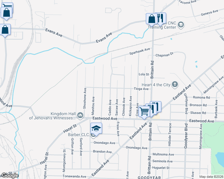map of restaurants, bars, coffee shops, grocery stores, and more near 1284 Tioga Avenue in Akron