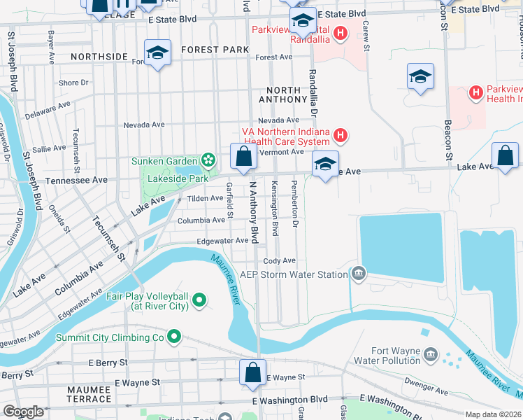 map of restaurants, bars, coffee shops, grocery stores, and more near 1310 N Anthony Blvd in Fort Wayne