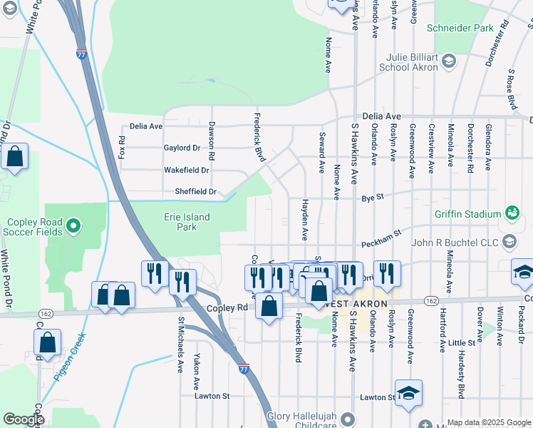 map of restaurants, bars, coffee shops, grocery stores, and more near 788 Valdes Ave in Akron