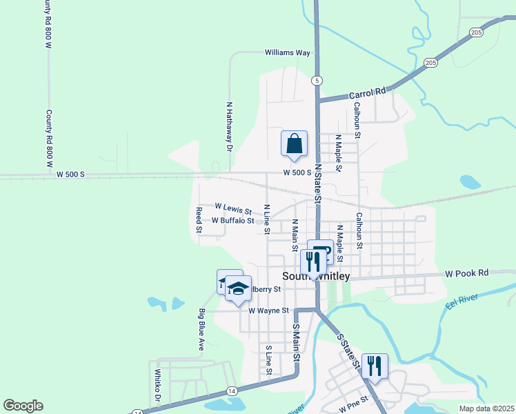 map of restaurants, bars, coffee shops, grocery stores, and more near 405 West Lewis Street in South Whitley
