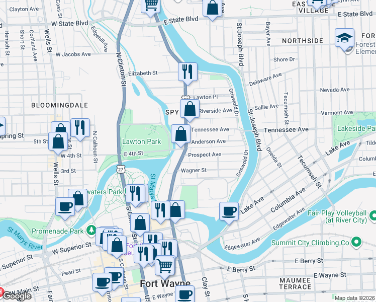 map of restaurants, bars, coffee shops, grocery stores, and more near 1508 Spy Run Avenue in Fort Wayne