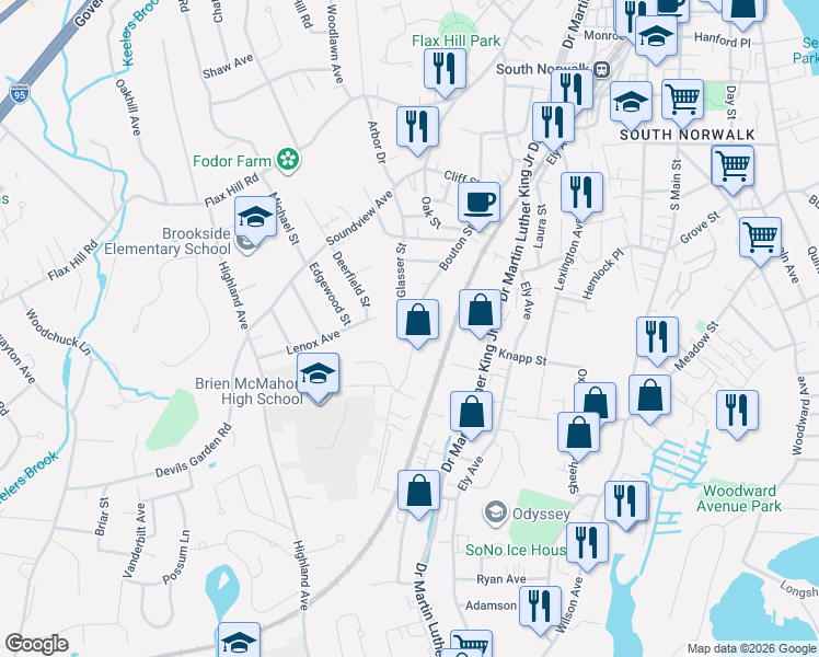 map of restaurants, bars, coffee shops, grocery stores, and more near 89 Bouton Street in Norwalk