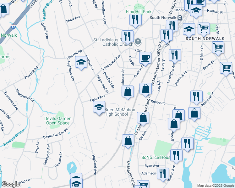 map of restaurants, bars, coffee shops, grocery stores, and more near 44 Lenox Avenue in Norwalk