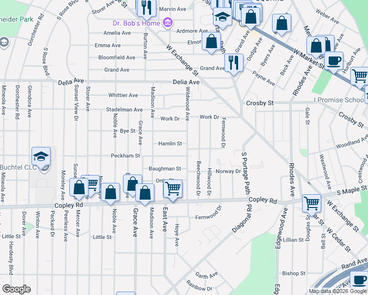 map of restaurants, bars, coffee shops, grocery stores, and more near 367 Wildwood Avenue in Akron
