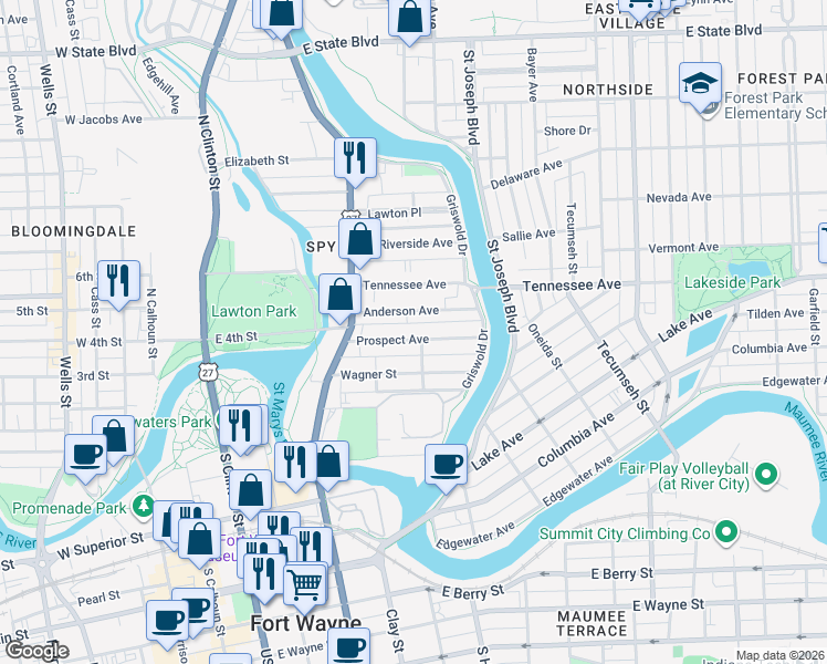 map of restaurants, bars, coffee shops, grocery stores, and more near 633 Prospect Avenue in Fort Wayne