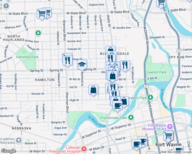 map of restaurants, bars, coffee shops, grocery stores, and more near 612 West 4th Street in Fort Wayne