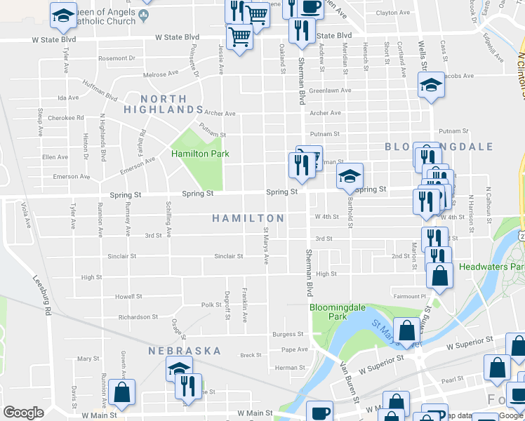 map of restaurants, bars, coffee shops, grocery stores, and more near 1118 West 4th Street in Fort Wayne