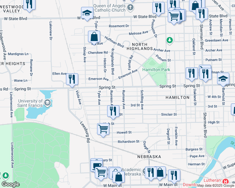 map of restaurants, bars, coffee shops, grocery stores, and more near 1724 West 4th Street in Fort Wayne