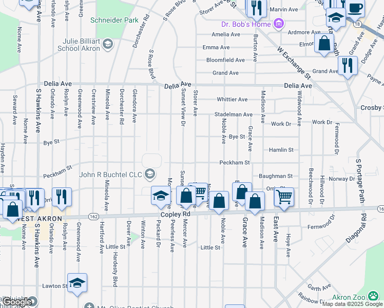 map of restaurants, bars, coffee shops, grocery stores, and more near 528 Storer Avenue in Akron