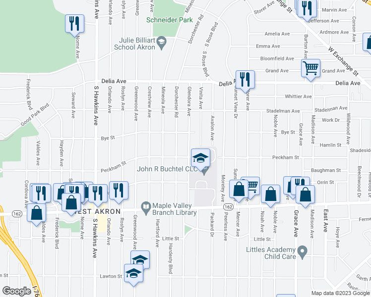 map of restaurants, bars, coffee shops, grocery stores, and more near 652 Glendora Avenue in Akron