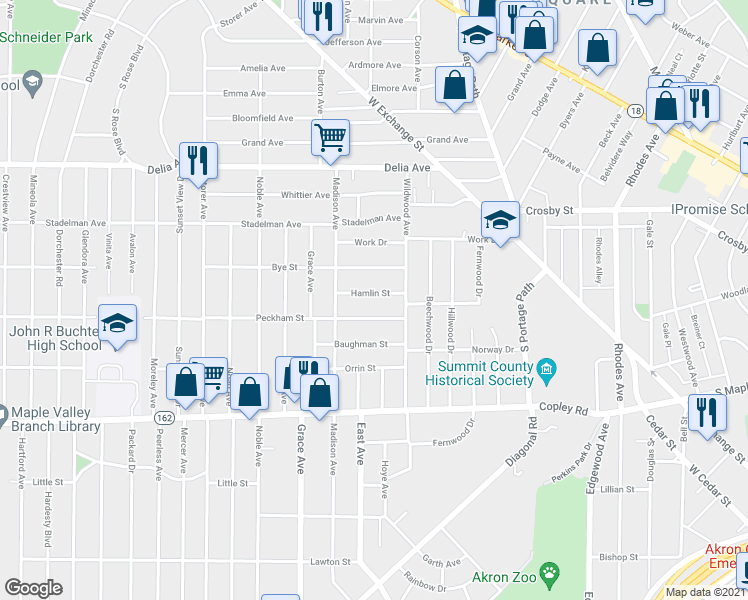 map of restaurants, bars, coffee shops, grocery stores, and more near 904 Hamlin Street in Akron