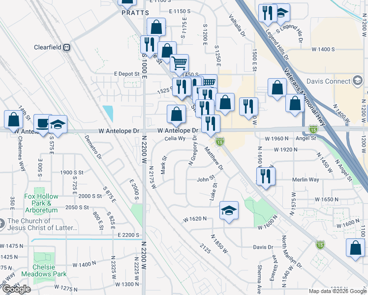 map of restaurants, bars, coffee shops, grocery stores, and more near 1988 West 1900 North in Layton