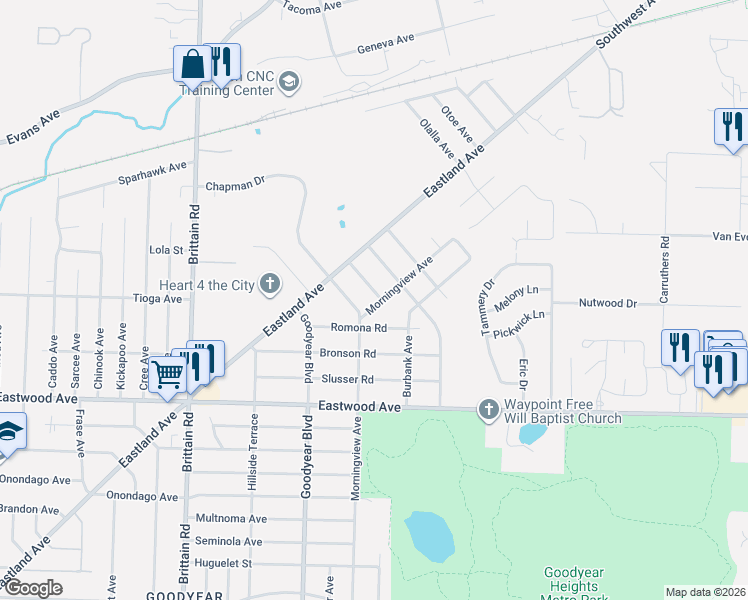 map of restaurants, bars, coffee shops, grocery stores, and more near 1618 Norledge Road in Akron