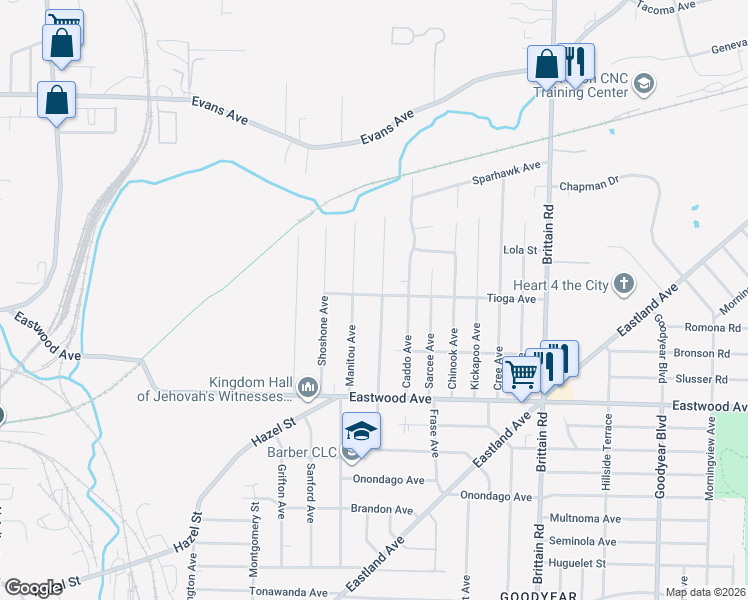 map of restaurants, bars, coffee shops, grocery stores, and more near 1230 Tioga Avenue in Akron