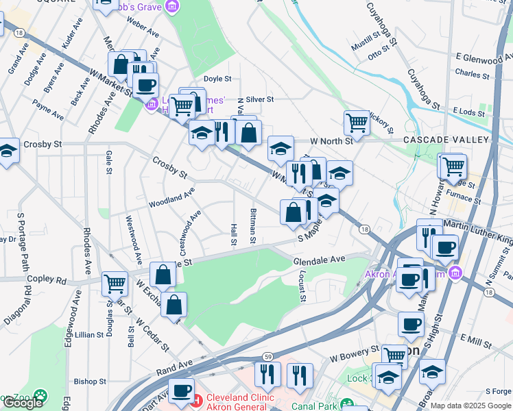 map of restaurants, bars, coffee shops, grocery stores, and more near 284 Crosby Street in Akron