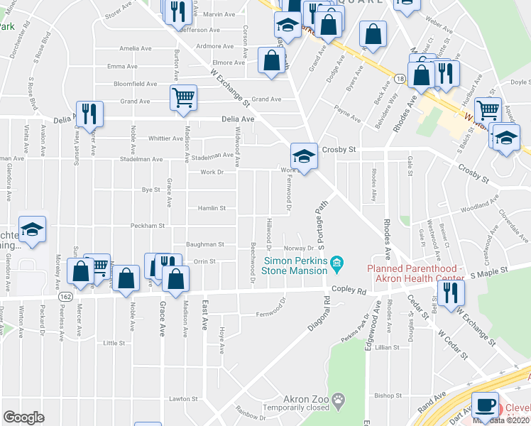map of restaurants, bars, coffee shops, grocery stores, and more near 364 Hillwood Dr in Akron