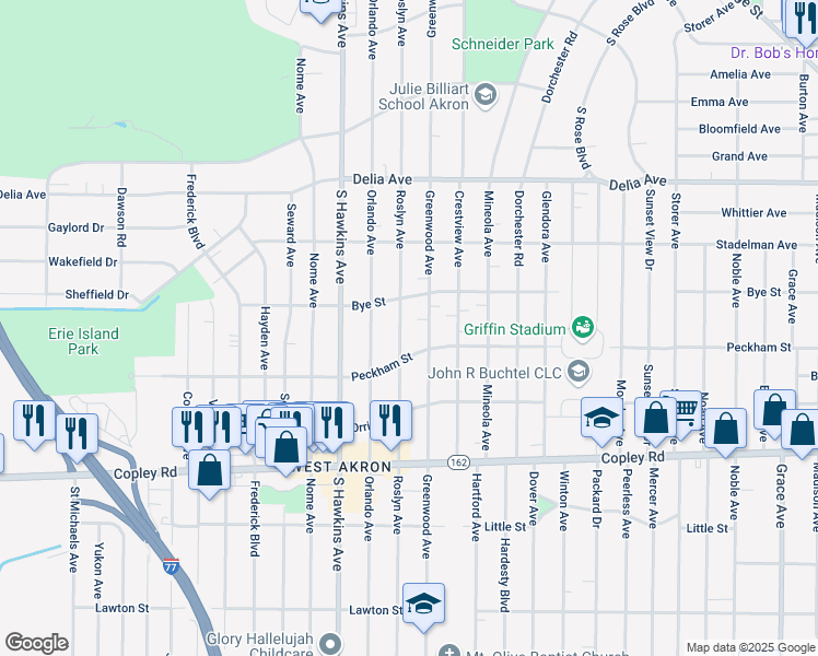 map of restaurants, bars, coffee shops, grocery stores, and more near 745 Roslyn Ave in Akron