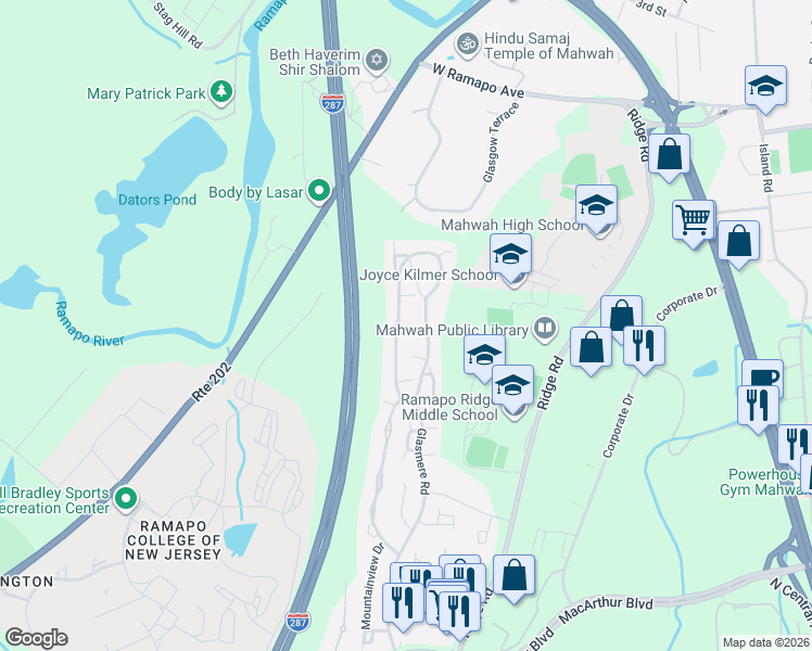 map of restaurants, bars, coffee shops, grocery stores, and more near 402 Green Mountain Road in Mahwah