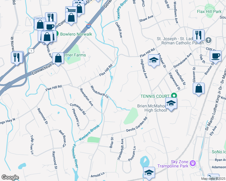 map of restaurants, bars, coffee shops, grocery stores, and more near 20 Primrose Court in Norwalk