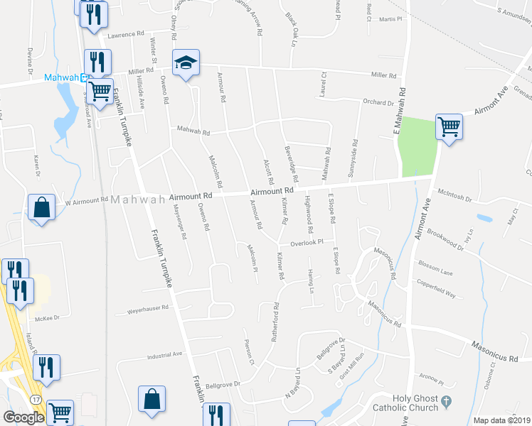 map of restaurants, bars, coffee shops, grocery stores, and more near 107 Armour Road in Mahwah