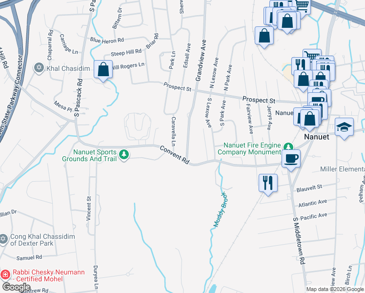 map of restaurants, bars, coffee shops, grocery stores, and more near 187 Grandview Avenue in Nanuet
