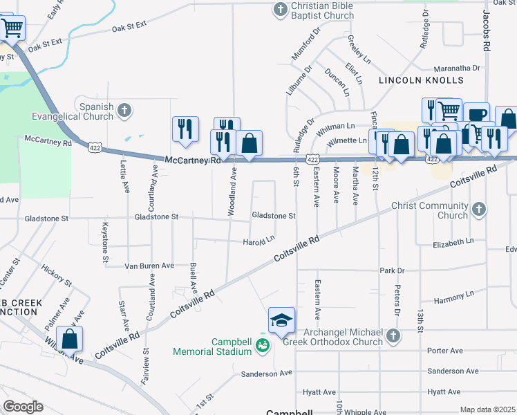 map of restaurants, bars, coffee shops, grocery stores, and more near 217 Hamrock Drive in Campbell