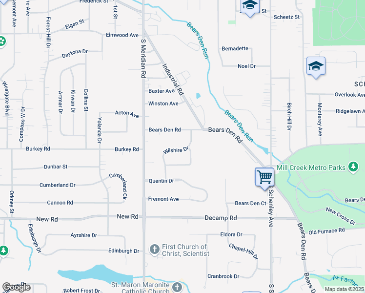 map of restaurants, bars, coffee shops, grocery stores, and more near 1062 Wilshire Drive in Youngstown