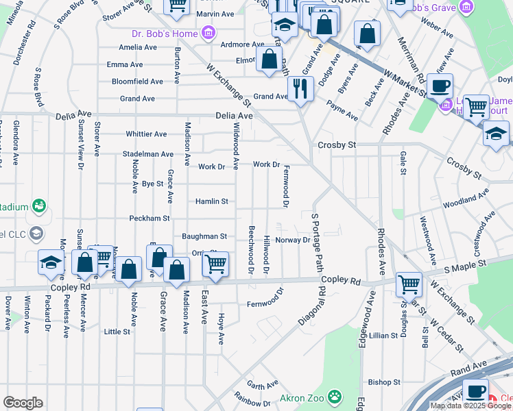 map of restaurants, bars, coffee shops, grocery stores, and more near 361 Beechwood Drive in Akron
