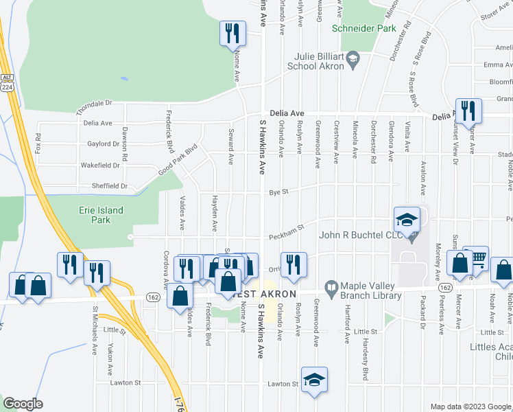 map of restaurants, bars, coffee shops, grocery stores, and more near 782 South Hawkins Avenue in Akron