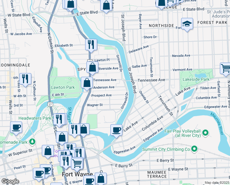 map of restaurants, bars, coffee shops, grocery stores, and more near 717 Prospect Avenue in Fort Wayne