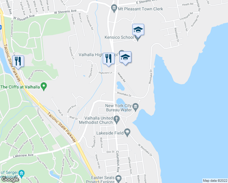 map of restaurants, bars, coffee shops, grocery stores, and more near 251 Columbus Avenue in Valhalla