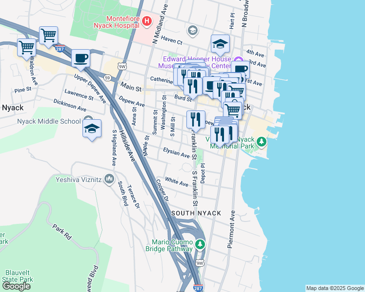 map of restaurants, bars, coffee shops, grocery stores, and more near 83 Cedar Hill Avenue in Nyack