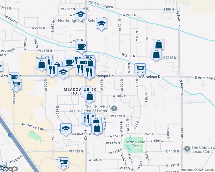 map of restaurants, bars, coffee shops, grocery stores, and more near 250 West 1925 North in Layton