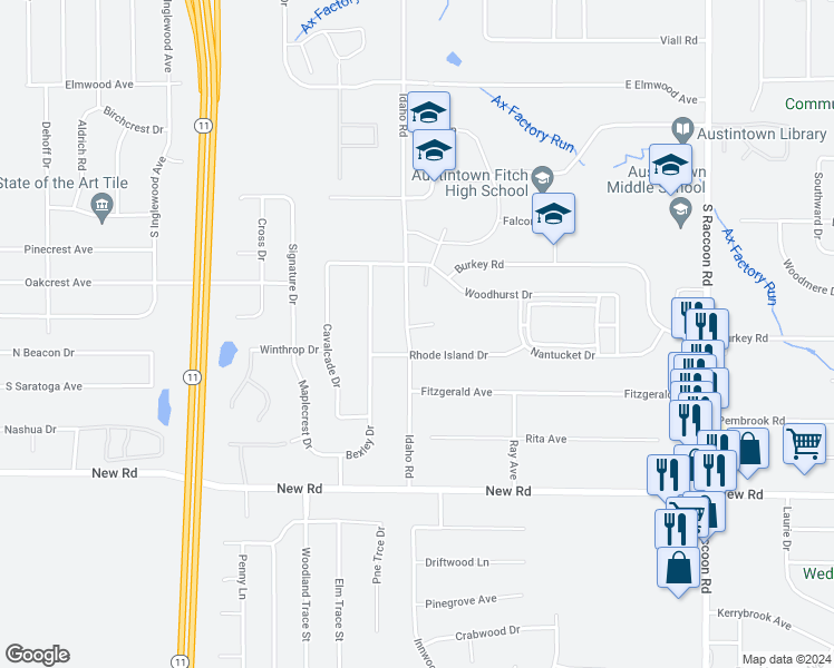 map of restaurants, bars, coffee shops, grocery stores, and more near 4663 New Hampshire Court in Youngstown